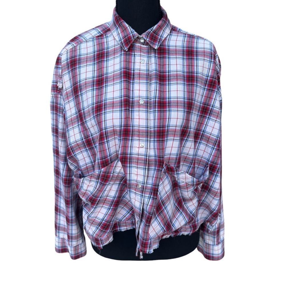 Zara Woman Premium Denim Collection Plaid Shirt Crop Distressed Frayed Med